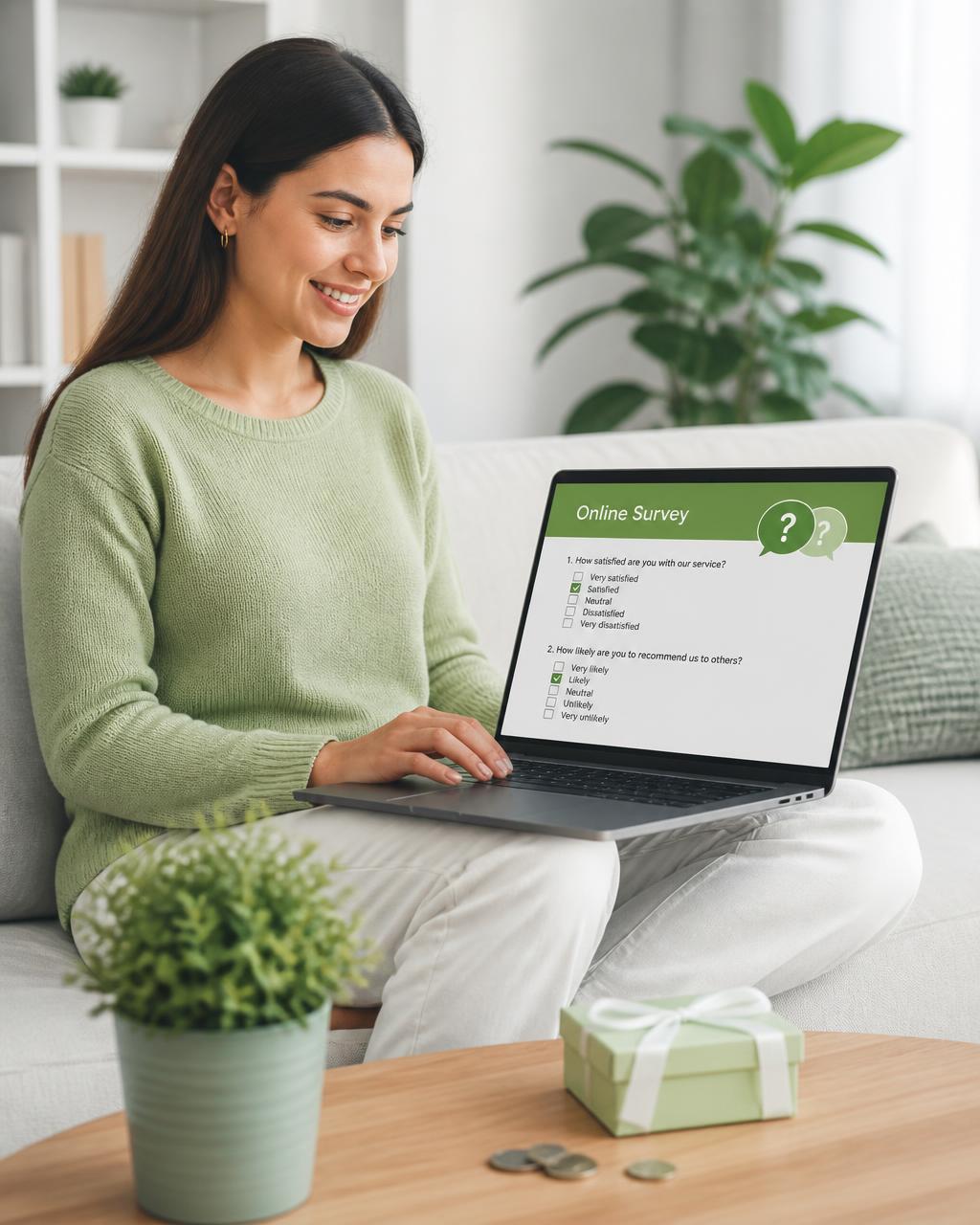 Vrouw thuis aan het werk met een online vragenlijst op haar laptop, met beloningen op tafel